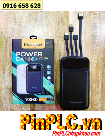 HAMMER H-PC01 PowerBank Pin dự phòng 10 000mAh 74Wh (22.5W Super Fast Charge QC 3.0, LED LCD, 04 dây cáp)